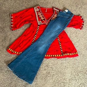 Free People red embroidered Tunic Dress & Flares 26 Small bell bottoms sleeves